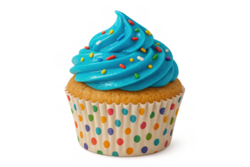 Cupcake with vibrant blue frosting and colorful sprinkles, celebrating birthday parties and sweet desserts, transparent background
