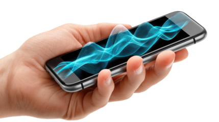 Modern Communication: A close-up view captures a hand holding a sleek smartphone displaying a dynamic, flowing digital wave, symbolizing connection and the digital age. 