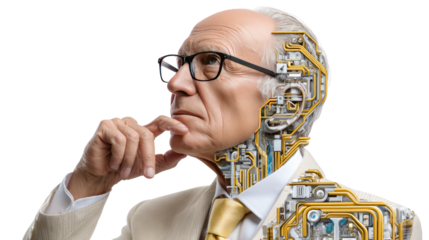 Mind and Machine: An elderly gentleman, thoughtful, with a portion of his head transformed into intricate circuits.