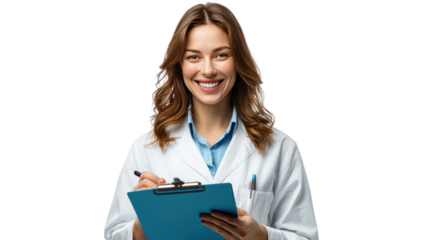 Confident Healthcare Professional: A friendly female doctor exudes expertise and approachability as she makes notes on a clipboard, radiating competence and care.