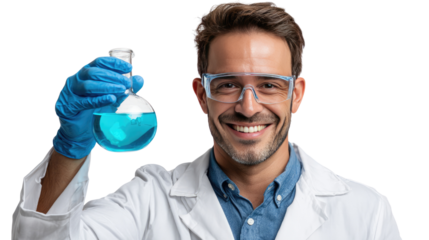 Scientist’s Scientific Enthusiasm: A male scientist in a clean lab coat and safety goggles smiles. He holds a flask containing a vibrant, glowing substance.