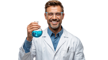 The Cheerful Chemist: A smiling scientist in a lab coat holds a flask with blue liquid, radiating knowledge and enthusiasm in the field of science.