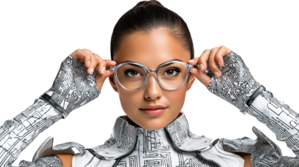 Futuristic Vision: A portrait of a woman of extraordinary beauty, enhanced by futuristic attire and spectacles, she gazes into a world of endless possibilities, wearing sophisticated glasses.