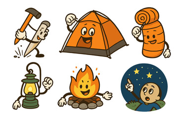 Fototapeta premium Anthropomorphic camping equipment icons for outdoor adventure and recreation