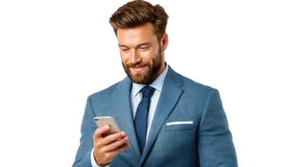 Modern Professional: A sharply dressed gentleman, engrossed in his mobile, radiates an air of focused business, embodying the intersection of technology and professional life.