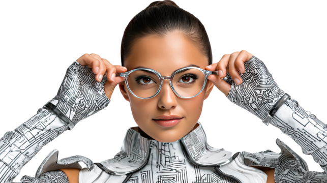 Futuristic Vision: A portrait of a woman of extraordinary beauty, enhanced by futuristic attire and spectacles, she gazes into a world of endless possibilities, wearing sophisticated glasses.