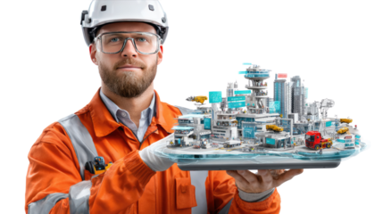 Building Tomorrow's World: A skilled engineer, radiating pride, holds a detailed architectural model showcasing a vision of urban development, innovation, and infrastructure.