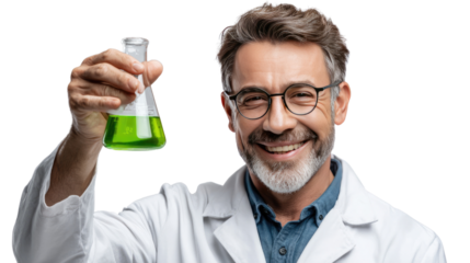 Science Enthusiast with Laboratory Glassware: A cheerful scientist in a lab coat, proudly presents a beaker filled with vibrant green liquid, exuding enthusiasm for scientific discovery.