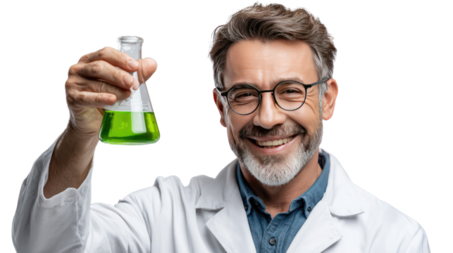 Science Enthusiast with Laboratory Glassware: A cheerful scientist in a lab coat, proudly presents a beaker filled with vibrant green liquid, exuding enthusiasm for scientific discovery.