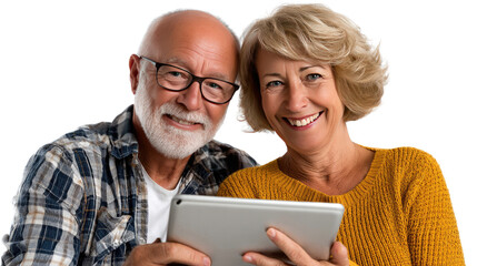 Couple with Tablet: An elderly couple shares a moment of connection, gazing at a tablet with smiles, indicating the power of technology to connect generations.