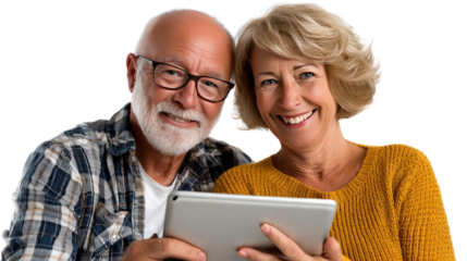 Couple with Tablet: An elderly couple shares a moment of connection, gazing at a tablet with smiles, indicating the power of technology to connect generations.