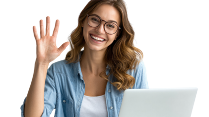 Friendly Greeting and Digital Connection: A woman with gentle smile waves warmly, illuminated by the soft glow of her laptop. expressing friendliness, joy, and the modern digital era.