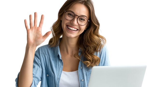 Friendly Greeting and Digital Connection: A woman with gentle smile waves warmly, illuminated by the soft glow of her laptop. expressing friendliness, joy, and the modern digital era.