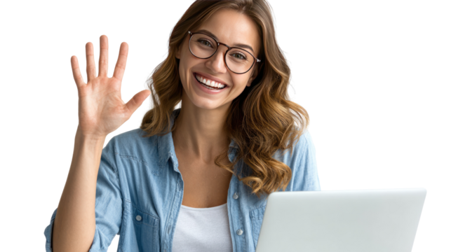 Friendly Greeting and Digital Connection: A woman with gentle smile waves warmly, illuminated by the soft glow of her laptop. expressing friendliness, joy, and the modern digital era.