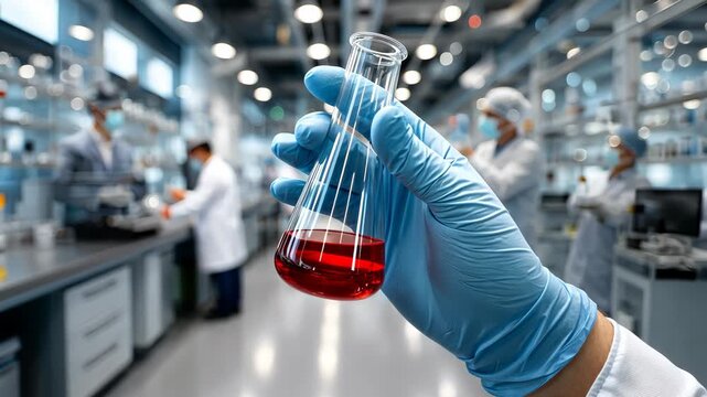 Laboratory experiment showcasing red liquid in test tube with scientists working in background