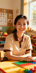 Fototapeta premium Young asian female preschool teacher smiling in a sunlit classroom with educational toys and learning materials on the table