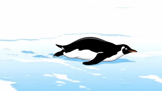 Cute animated penguin sliding on its belly across snow.