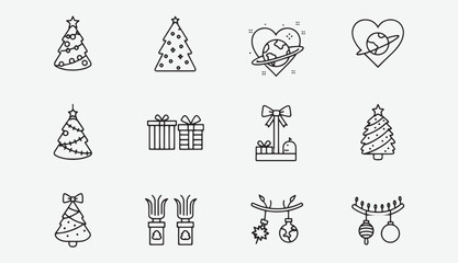 Christmas and Holiday Line Icons Set – Festive Decoration, Celebration, and Winter Outline Vector Collection