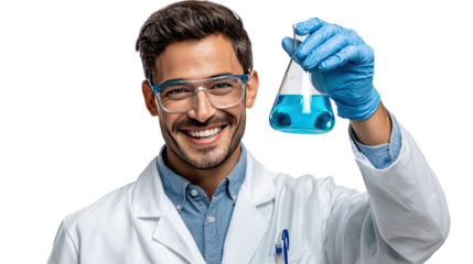 Scientist’s Discovery: A smiling scientist in a lab coat, eye protection, and gloves, triumphantly presents a beaker containing vibrant, blue liquid