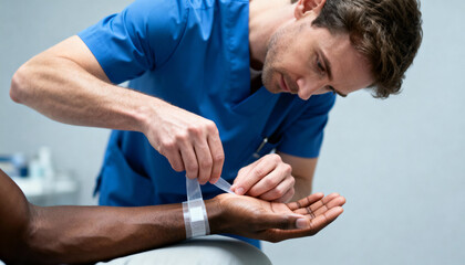 Healthcare professional carefully applying medical bandage to patient's wrist in clinical setting during wound care treatment