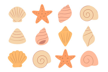Fototapeta premium Collection of assorted seashells and starfish icons in soft pastel colors