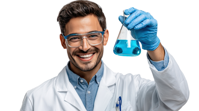 Scientist’s Discovery: A smiling scientist in a lab coat, eye protection, and gloves, triumphantly presents a beaker containing vibrant, blue liquid