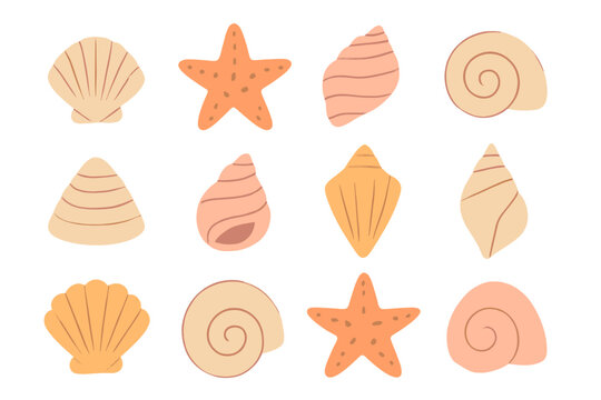 Collection of assorted seashells and starfish icons in soft pastel colors