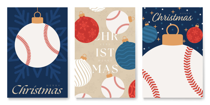Baseball Christmas and New Year cards. Set of modern Christmas posters. Flat xmas design for xmas party invitation. Vector illustration Minimal art banner, poster, cover templates