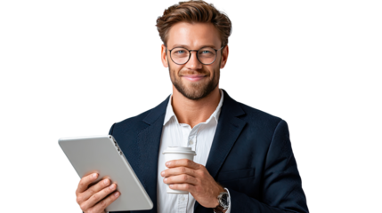Smart professional with glasses: An intelligent, well-dressed person, exuding confidence, is seen holding a tablet and a cup of coffee, signifying productivity and efficiency.
