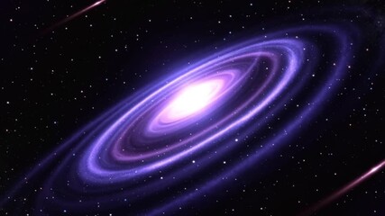 3D animation of a spiral galaxy in a dark starry sky, slowly zooming in on a purple galaxy with a rotating nebula. Perfect for meditation backgrounds and relaxation music visuals. - Powered by Adobe