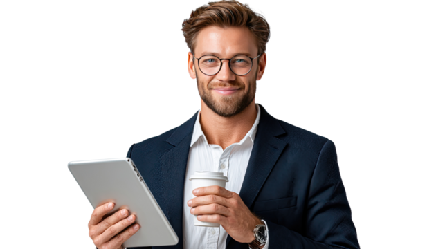 Smart professional with glasses: An intelligent, well-dressed person, exuding confidence, is seen holding a tablet and a cup of coffee, signifying productivity and efficiency.