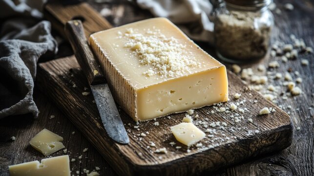 Rustic cheese block with knife inserted, crumbs scattered, on wooden board, emphasizing artisanal and natural food styling
