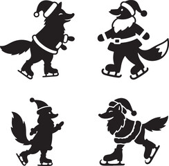 Christmas Fox and Wolf Characters Ice Skating Vector Illustration and Silhouette Design