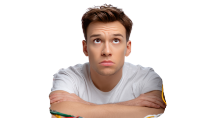 Thoughtful Gaze: A young man with a contemplative expression, gazing upwards with a furrowed brow, lost in thought.