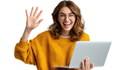 Friendly Digital Connection: A vibrant woman with warm smile, her hand raised in a greeting gesture, embraces the world of digital communication with her laptop. Reflecting a modern digital age.