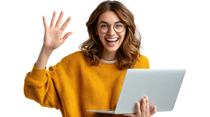 Friendly Digital Connection: A vibrant woman with warm smile, her hand raised in a greeting gesture, embraces the world of digital communication with her laptop. Reflecting a modern digital age.