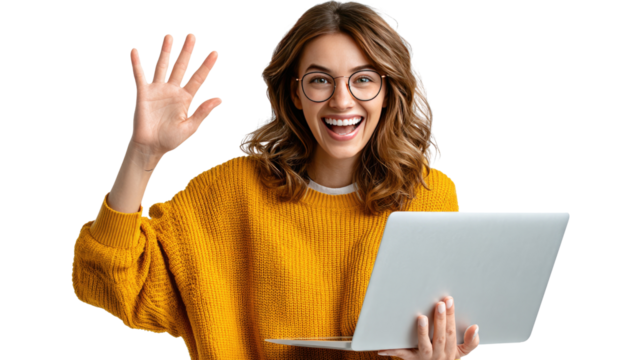Friendly Digital Connection: A vibrant woman with warm smile, her hand raised in a greeting gesture, embraces the world of digital communication with her laptop. Reflecting a modern digital age.