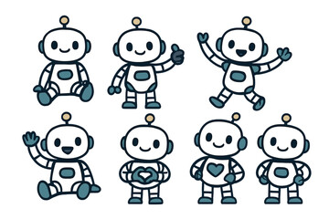 Obraz premium Collection of cute cartoon robot characters with various friendly gestures