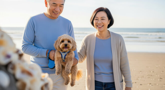 Smiling senior couple walking on beach holding small dog, enjoying sunny day, peaceful ocean waves and relaxed coastal atmosphere
