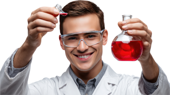 Scientist with Red Liquid in Laboratory: An inquisitive scientist meticulously examines two laboratory flasks containing red liquid, his face reflecting a focused and studious demeanor.