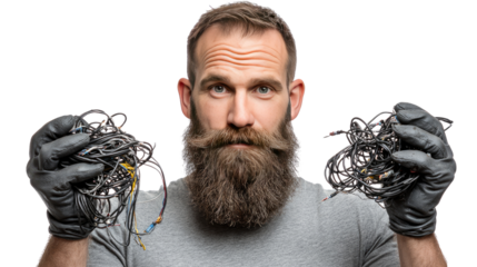 Wired Confusion: A bewildered individual, clad in gloves, presents a tangled heap of wires, capturing a moment of frustration.