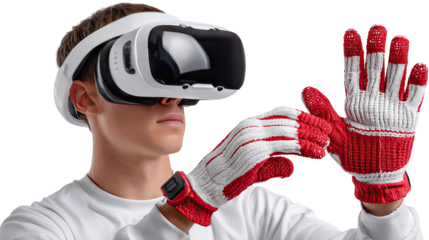 Immersive Exploration in Virtual Reality: A focused individual wearing advanced VR headset and innovative gloves, immersed in a digital environment.  