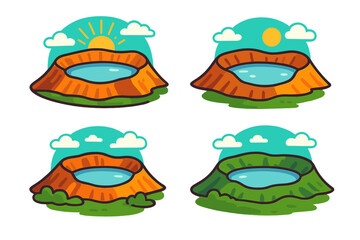 Fototapeta premium Cartoon volcano crater lake icons featuring sun and surrounding clouds