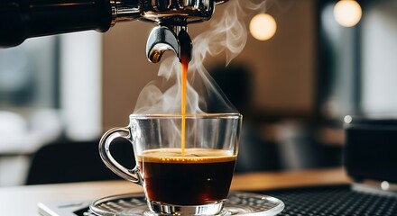 Espresso Machine Pouring Coffee into a Glass Cup.