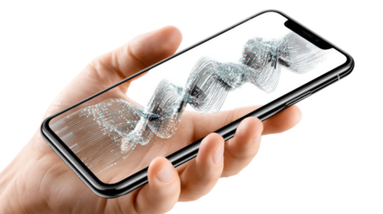 Hand Holding Sleek Phone: Capturing the beauty of modern tech, a hand elegantly cradles a stylish phone, showcasing a dynamic, artistic abstract graphic, celebrating technological advancement.