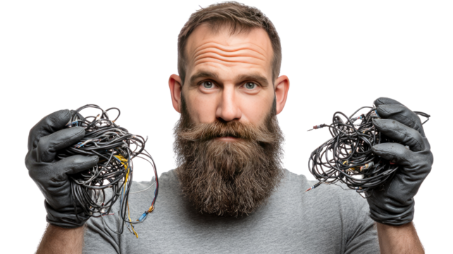 Wired Confusion: A bewildered individual, clad in gloves, presents a tangled heap of wires, capturing a moment of frustration.