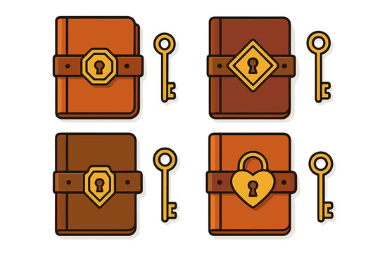 Antique leather bound diary locks and keys icons set