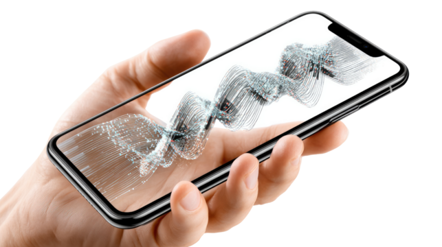 Hand Holding Sleek Phone: Capturing the beauty of modern tech, a hand elegantly cradles a stylish phone, showcasing a dynamic, artistic abstract graphic, celebrating technological advancement.