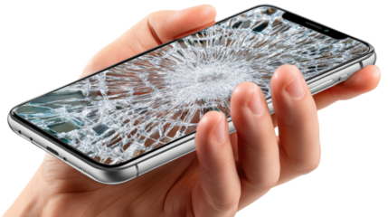 Cracked Screen Phone in Hand: A close-up shot of a hand holding a smartphone with a shattered screen, revealing the consequence of damage and the fragility of technology.