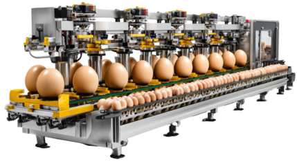 Egg Automation in Production: Automated egg processing at work, highlighting the efficiency of the food industry, with eggs meticulously sorted.